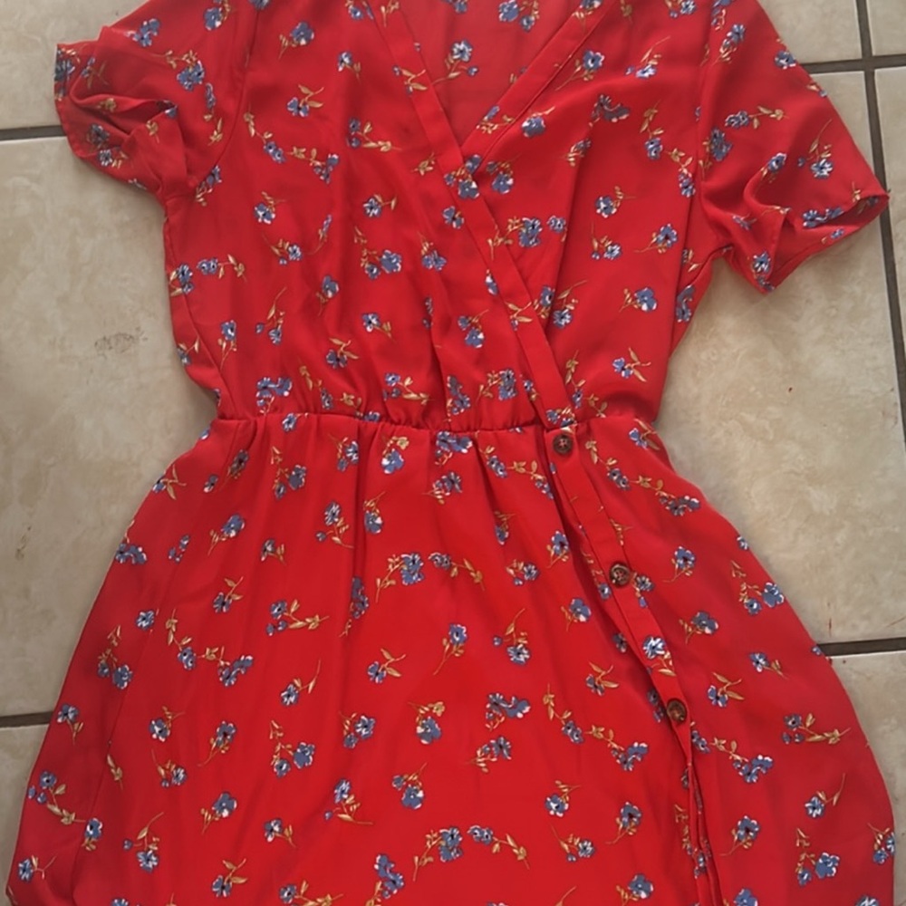 Red Floral Button-Down Dress